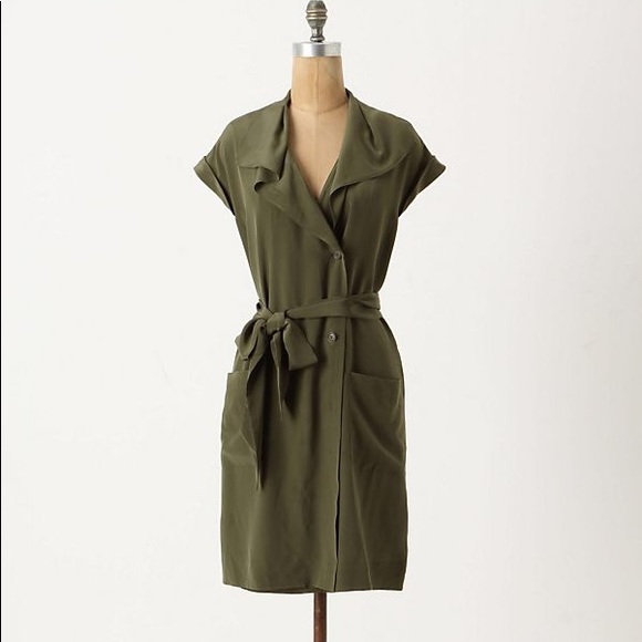 ANTHRO Maeve 100% Silk Ida Shirt Dress in Olive 4 - Picture 8 of 8